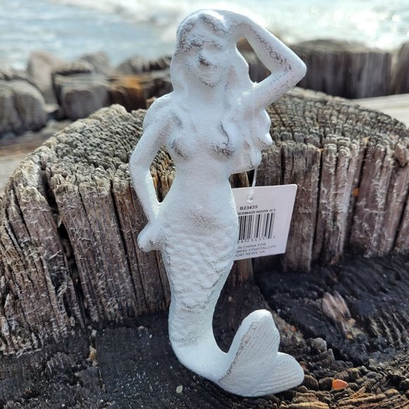 Distressed White Mermaid Hook Cast Iron Coastal Decor - Picture 2 of 13